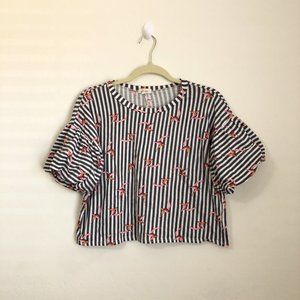 Duets Striped Top with Pink Bird Pattern